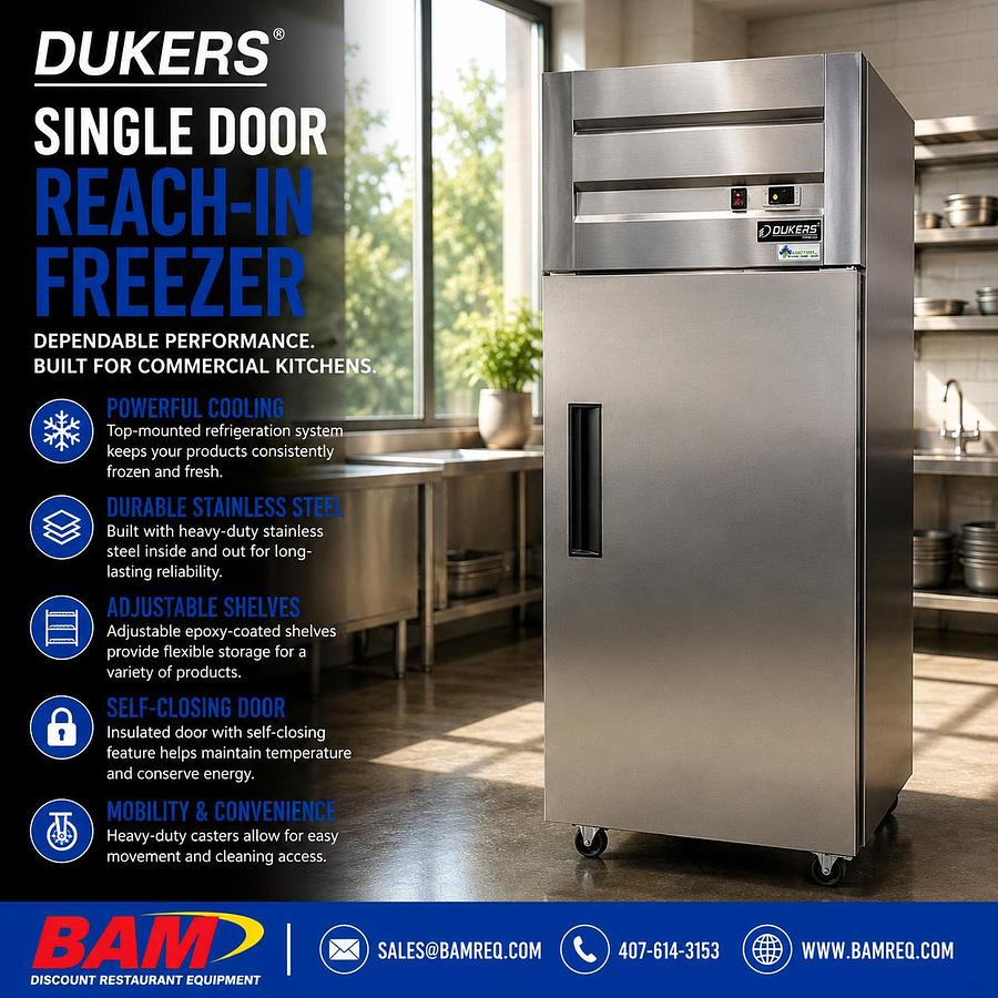 Used Dukers Single Door Reach-In Freezer – Commercial Upright Freezer – Stainless Steel – 115V