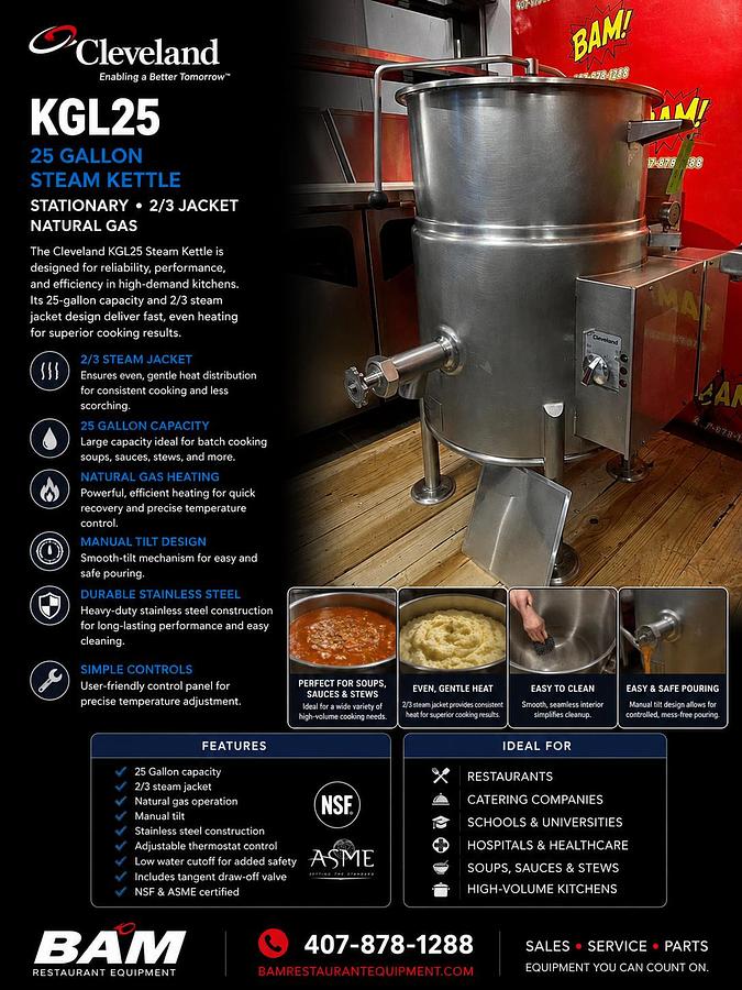 Used Cleveland KGL25 25 gal Steam Kettle - Stationary, 2/3 Jacket, Natural Gas