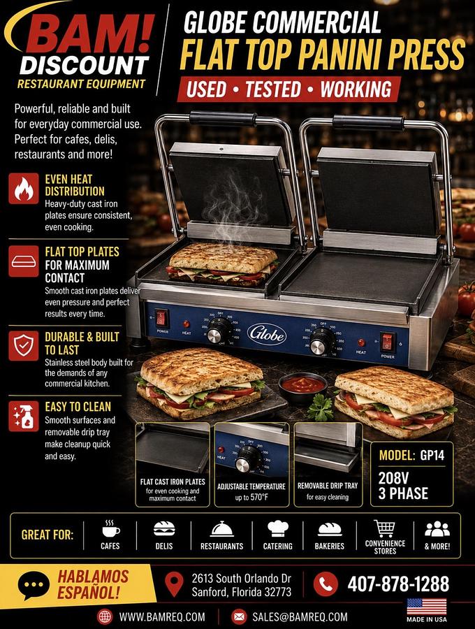 Used Globe GP14 Commercial Flat Top Panini Press Sandwich Grill – 208V 3 Phase
