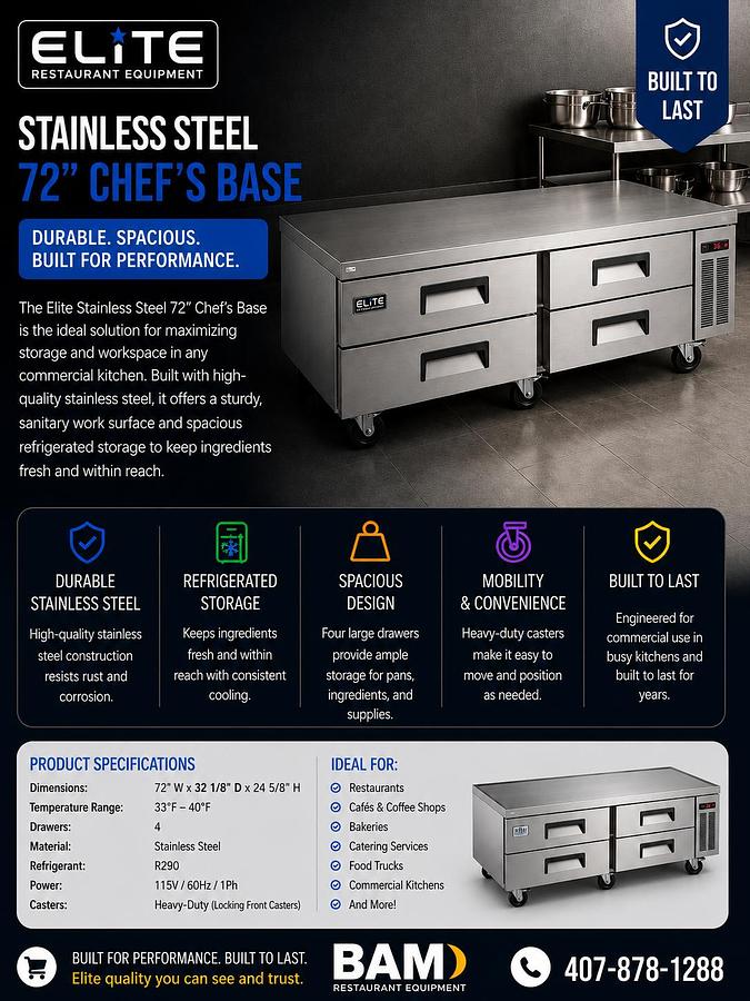 Elite Stainless Steel 72" Chef's Base