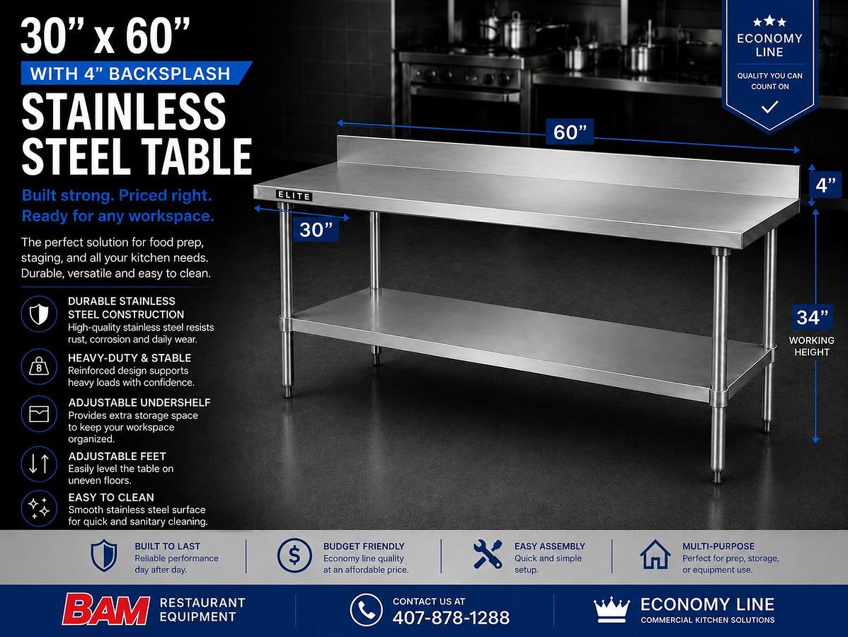 30”X 60” 4" Backsplash Stainless Steel Table