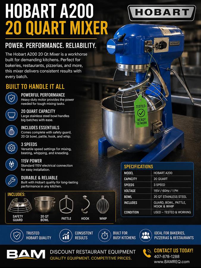 Used HOBART A 200 20 QT Mixer Includes Guard, Bowl & Pattle Hook & Whip 115VHOBART A 200 20 QT Mixer Includes Guard, Bowl & Pattle Hook & Whip 115V
