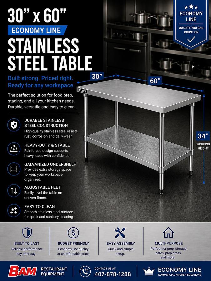 30"x60" Economy Line Stainless Steel Table