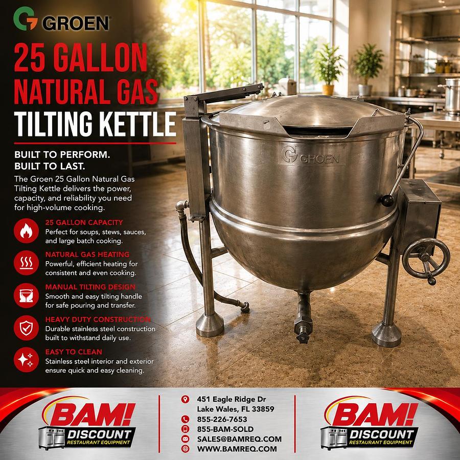 Refurbished Groen 25 Gallon Natural Gas Tilting Steam Jacketed Kettle w/ Lid Commercial