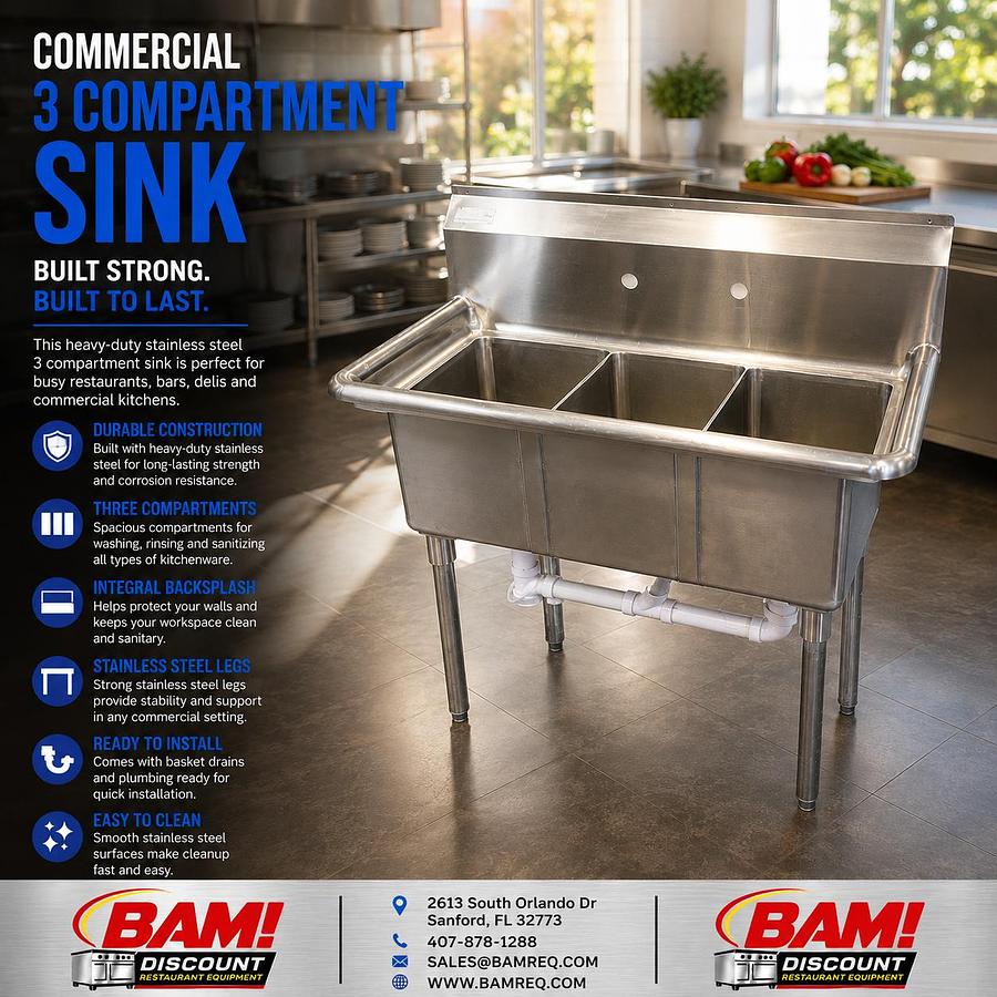 Used Commercial 3-Compartment Stainless Steel Sink – Heavy Duty Restaurant Sink