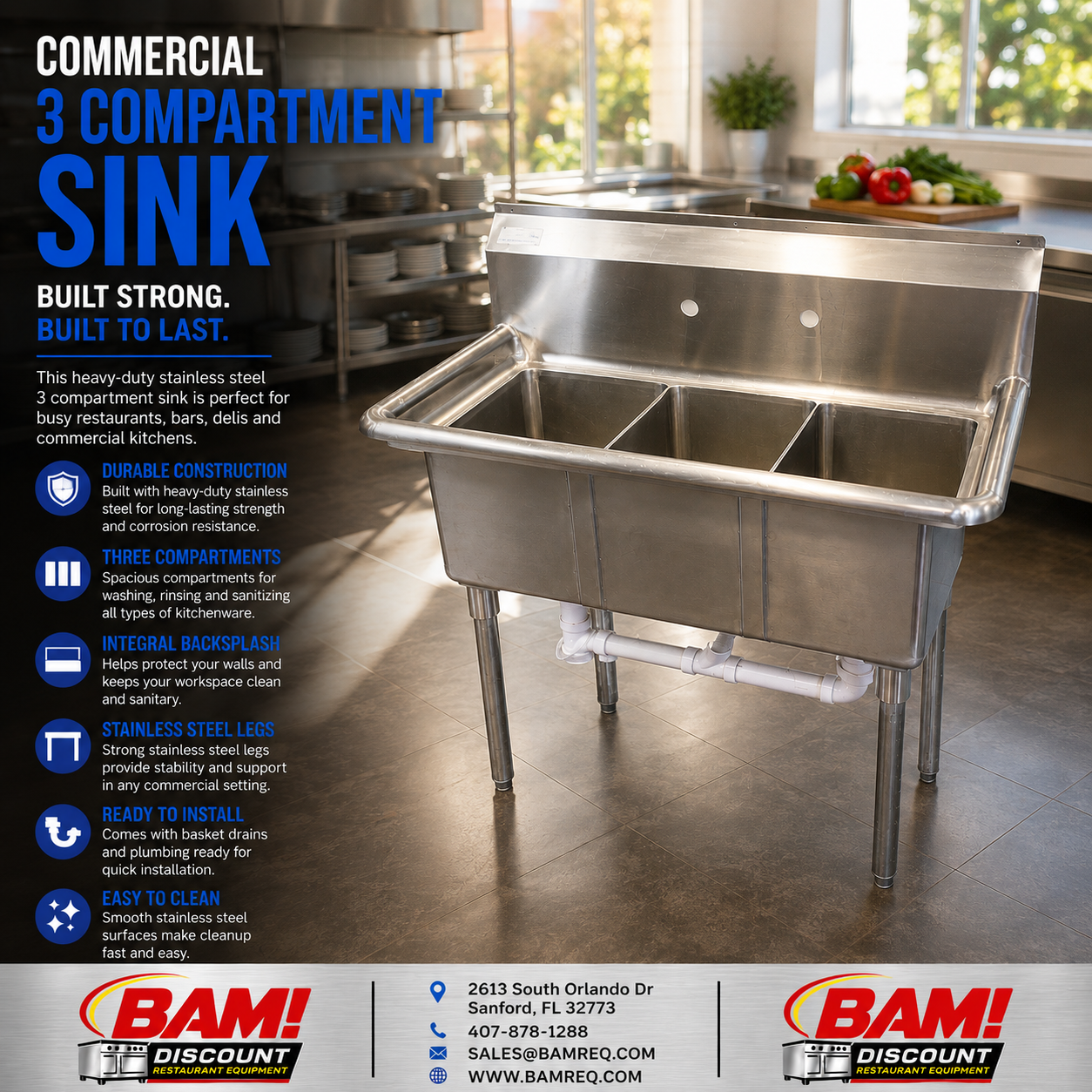 Used Commercial 3-Compartment Stainless Steel Sink – Heavy Duty Restaurant Sink
