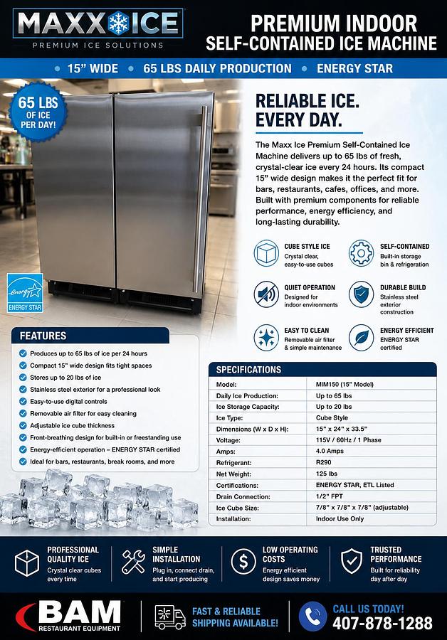 Used Maxx Ice Premium Indoor Self-Contained Ice Machine, 15”W, 65 lbs, Energy Star, in Stainless SteelMaxx Ice Premium Indoor Self-Contained Ice Machine, 15”W, 65 lbs, Energy Star, in Stainless Steel