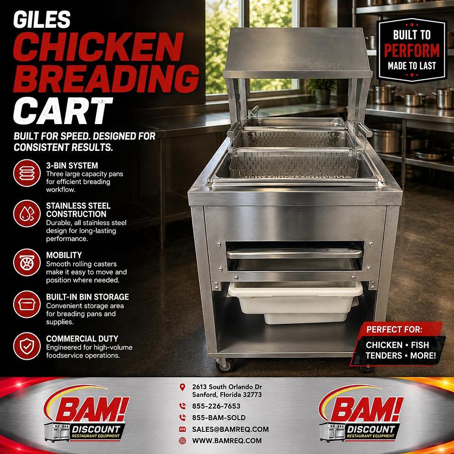 Used Giles Commercial Chicken Breading Cart Stainless Steel 3-Bin Breader Station
