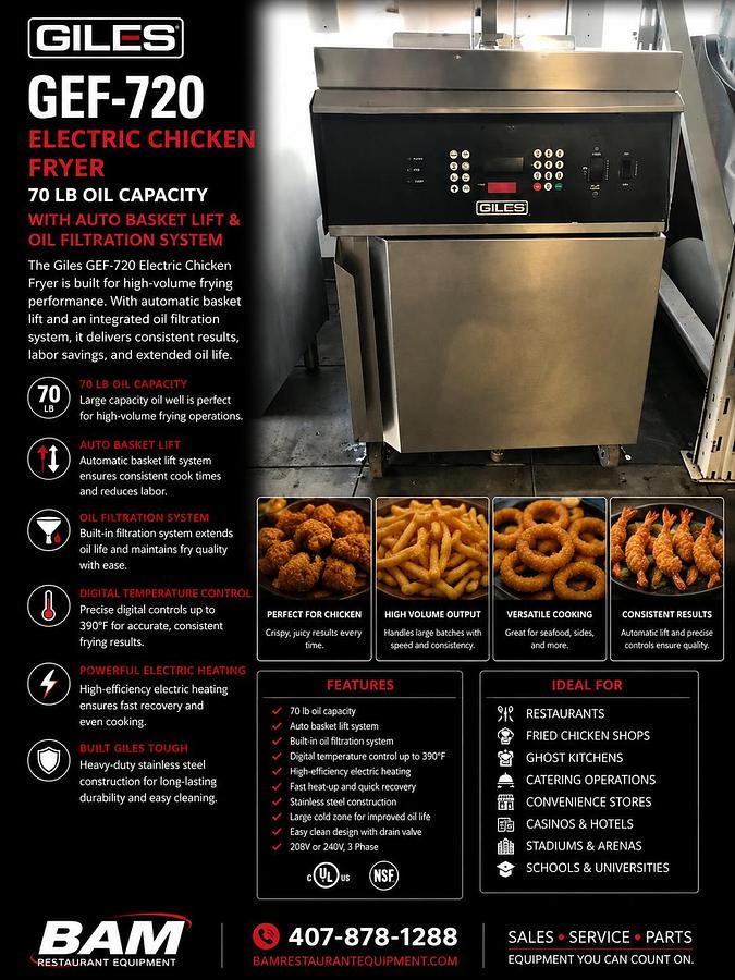 Used 70 LB Giles GEF-720- Electric Chicken Fryer with Auto Basket Lift and Oil Filtration System