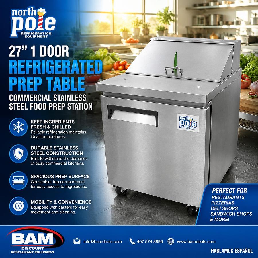 Used North Pole 27" 1 Door Refrigerated Prep Table – Commercial Stainless Steel Food Prep Station