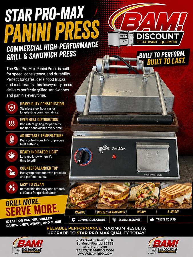 Used Star Pro-Max Commercial Panini Press / Sandwich Grill – Heavy Duty Countertop – Tested