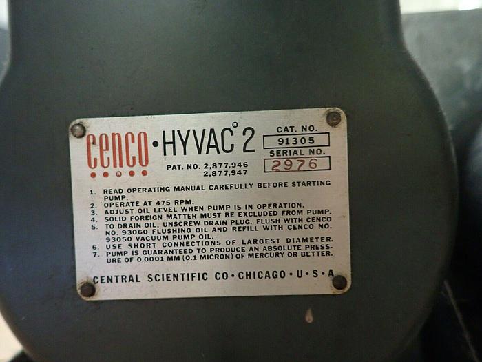 Used Cenco 91305 HYVAC 2 Vacuum Pump w/ GE Motor 5KC35KG147, 1/4 HP, 1725 RPM