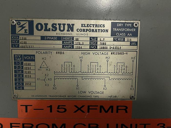 Used OLSUN ELECTRONICS CORP. 1250KVA DRY TYPE TRANSFORMER