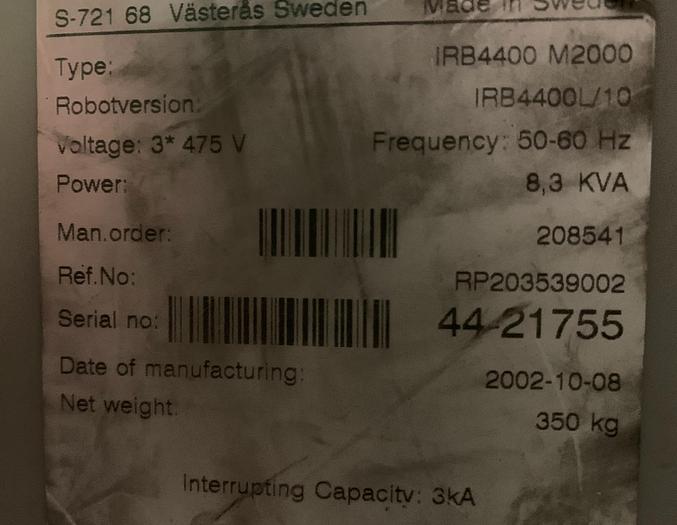 Used ABB IRB 4400L/10 2.53 METER REACH 6 AXIS CNC MIG WELDING ROBOT CELL WITH S4C PLUS CONTROLLER AND A/B SIDED INDEX TABLE