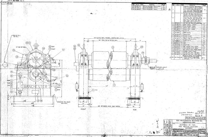 Used Manchester  Two-Roll Calender, 22" X 98" Top Roll, 15" X 98" Kusters Controlled Crown Bottom Roll.  Top Roll Is Covered.  Includes Two Spare Top Rolls. #24194