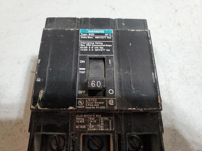 Used Siemens BQD360 60-Amp Three Pole 480Y/277V AC 14KAIC