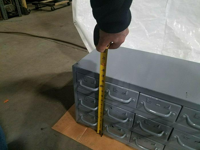 Used Industrial Metal 18 Drawer Tabletop Storage Cabinet for bolts screws tools etc.