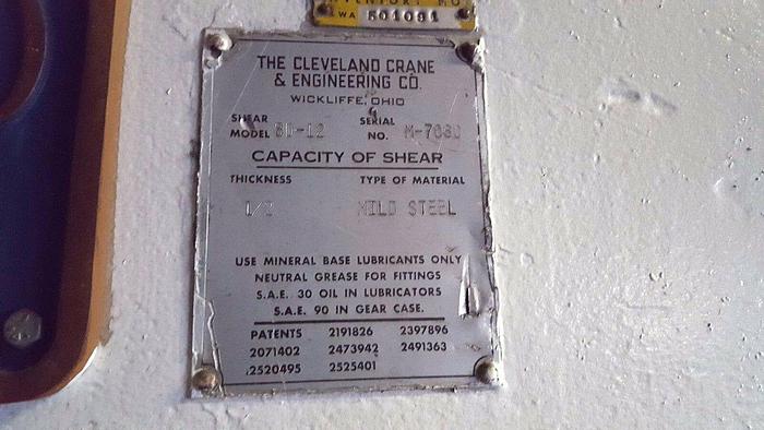 Used Cleveland Crane Steelweld 8D 12 Foot 1/2" Squaring Shear with back gauge MFG USA