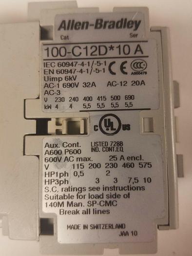 Used ALLEN BRADLEY 100-C12D10 SER A 120V-AC 7.5HP 25A AMP AC CONTACTOR D563278