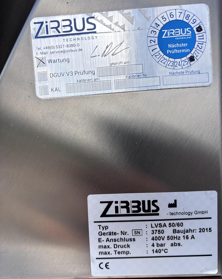 Used Zirbus LVSA 50/60 133L Vertical Laboratory Autoclave Sterilizer 140°C 2015