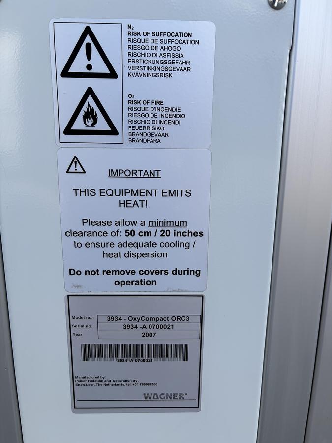 Used Wagner OxyReduct OxyCompact ORC3 ORC4 Nitrogen Generator System