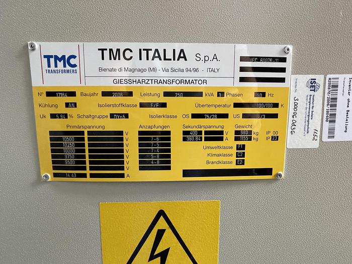 Used transformer TMC Italia 250 kVA, 10 kV / 0.4 kV