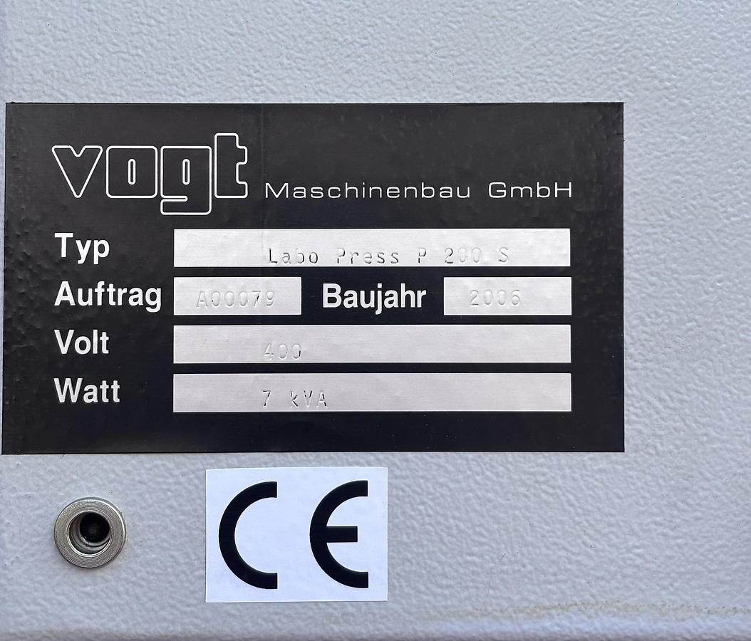 Used Vogt LaboPress P200S hydraulic laboratory press with heated platens