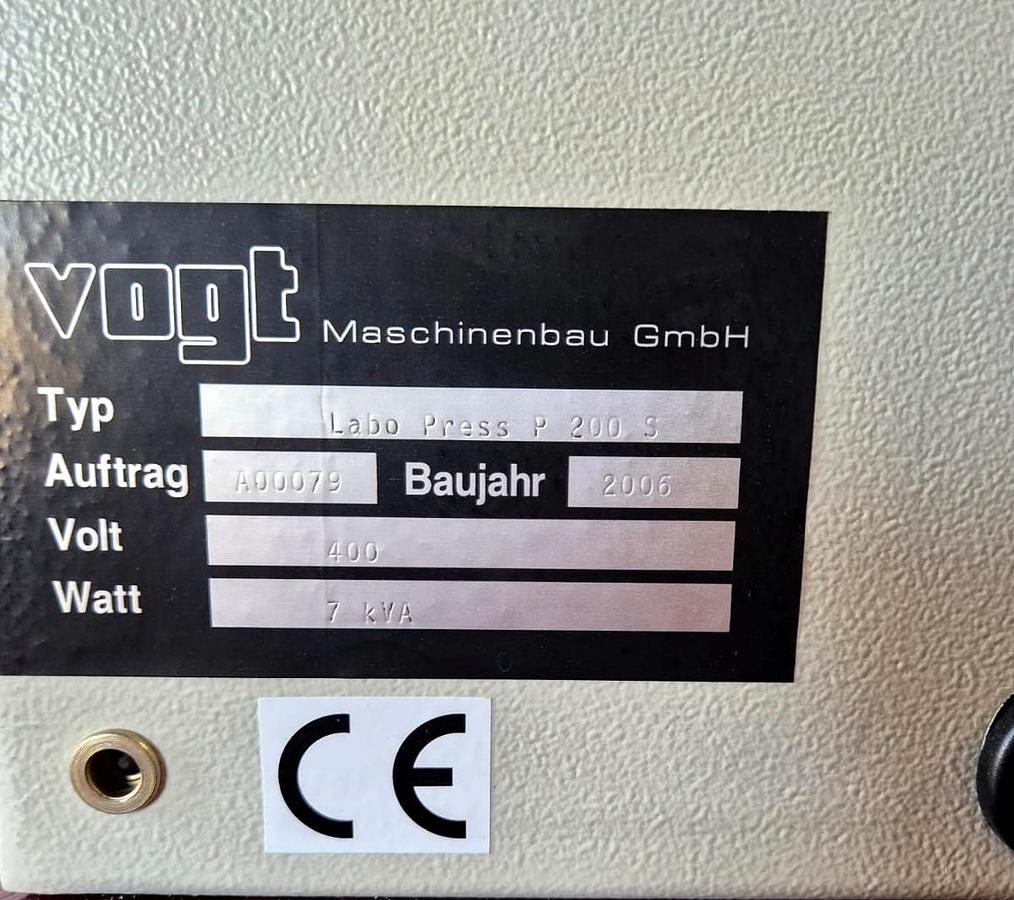 Used Vogt LaboPress P200S hydraulic laboratory press with heated platens
