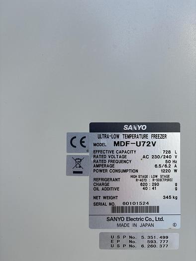 Used Sanyo MDF-U72V , laboratory ultra-low freezer, max -86 degrees Celsius, 728 liters