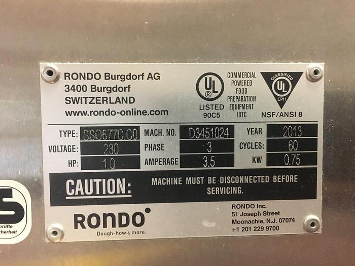 Used 2013 Rondo SSO677C Manomat Pastry Sheeter