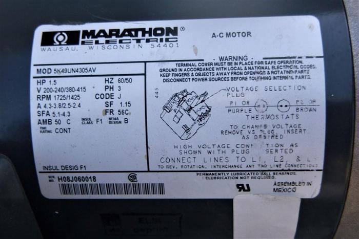 Used Motor, 1.5 HP, Marathon, 1725/1425 RPM Out, #C744064