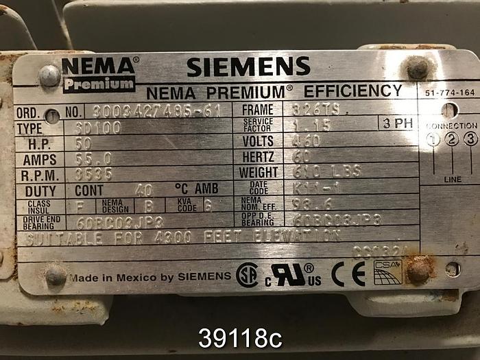 Used Siemens 50 HP AC Motor, 3535 RPM, 460 Volts, SD100 #39118