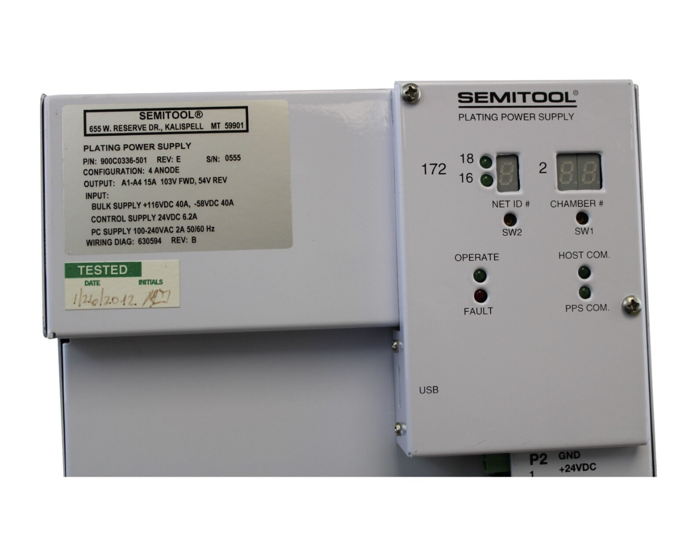 Used Semitool 900C0336-501 REV E PLATING POWER SUPPLY 100-240 VAC 2A 50/60HZ