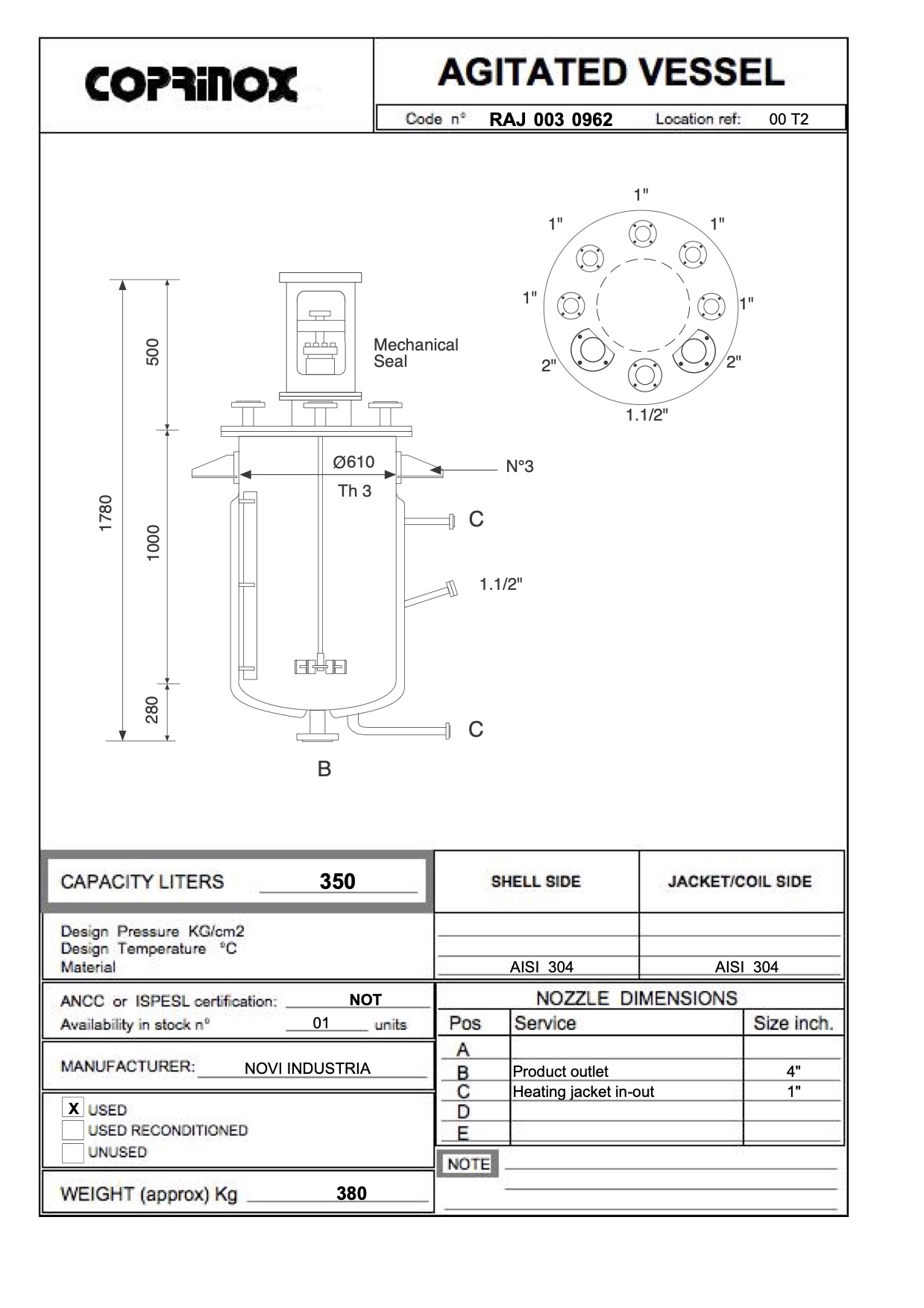 Used Reattore NOVI INDUSTRIA da 350 Litri