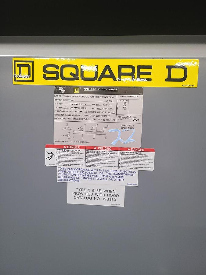 Used 500 KVA SQUARE D TRANSFORMER