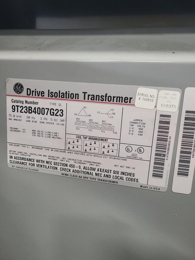 Used 75 KVA GE DRIVE ISOLATION 3 PHASE TRANSFORMER