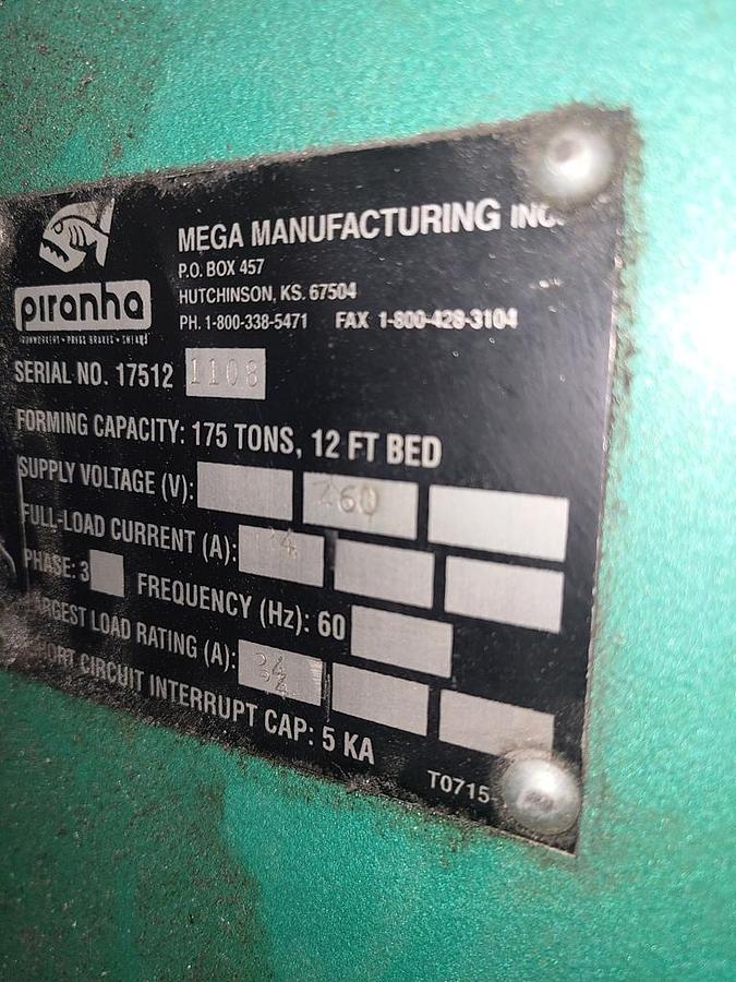 Used 12' X 175 TON PIRANHA HYDRAULIC PRESS BRAKE