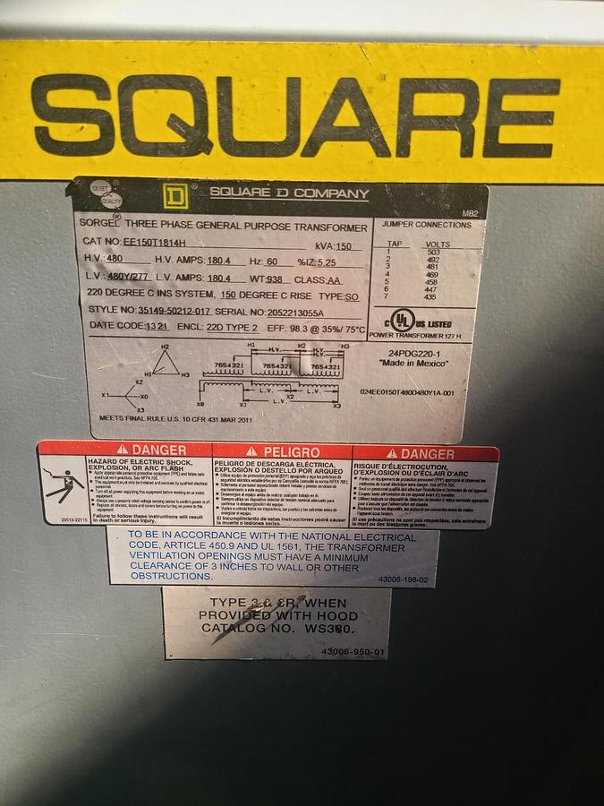 Used 150 KVA SQUARE D THREE PHASE TRANSFORMER