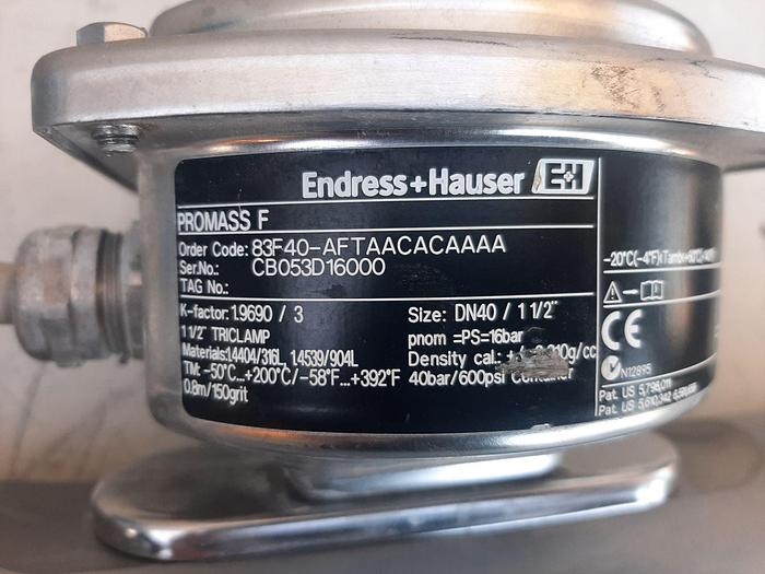 Used Meter, Flow, Endress Hauser, Promass F, 1-1/2", 316 S/st, A #S743318