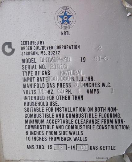 Used Kettle, 40 Gallon, S/st, Jkt, Groen/Dover, 50 PSI, Tilt #S743648