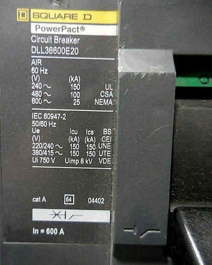Used Square-D Co DLL36600E20 PowerPact Trip Unit Circuit Breaker (600 A, 3-Pole)