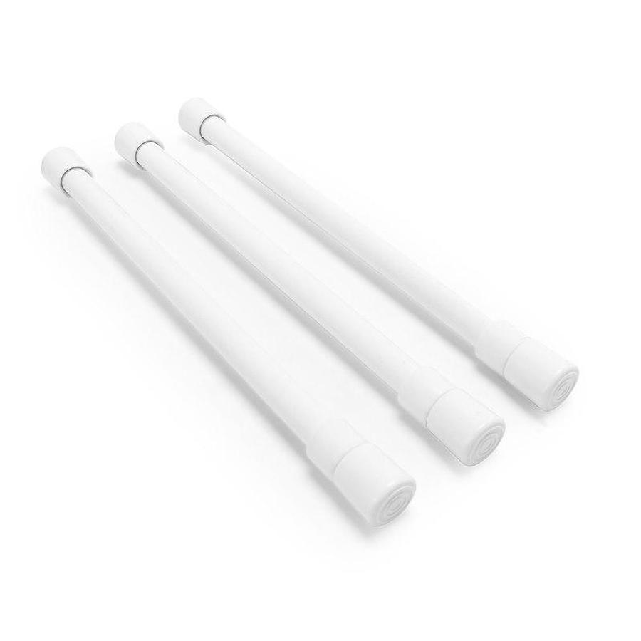 Cabinet Content Brace, Spring Loaded Bar Style, Bar Extends From 10 Inch Length to 17 Inch Length. White/Plastic