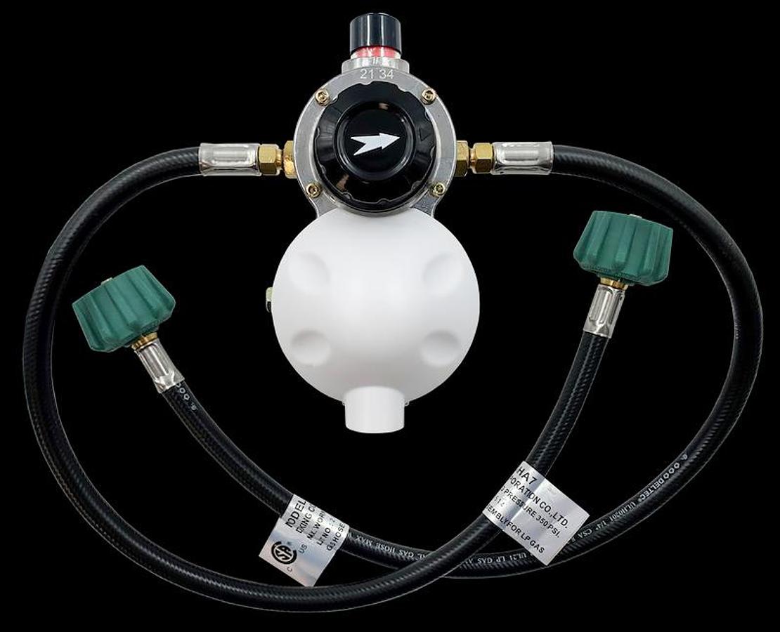 Propane Regulator 1/4 Inch Inlet X 3/8 Inch Outlet. Auto-Changeover Regulator With Two 24 Inch Propane Pigtails, Mounting Bracket & Cover