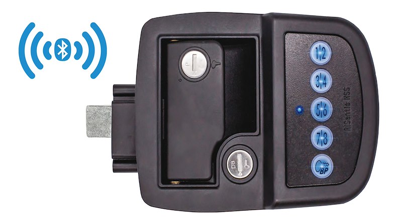 Used Entry Door Paddle Style Handle For RV Towable Door; Keyed-A-Like Entry With Bluetooth, W/Intelligent Touch Recognition Technology. Fits 2-3/4 Inch x 3-3/4 Inch Opening; Fits Standard Latches; Right Hand Side, Black W/2 Keys/ Mounting Hardware &4 AA Batteries