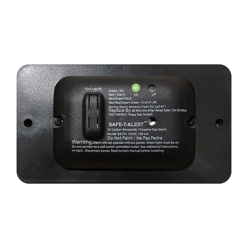 Carbon Monoxide/ Propane Leak Detector W/ LED Indicator. Surface Mount, 12 Volt Hard wired. Black W Trim Ring