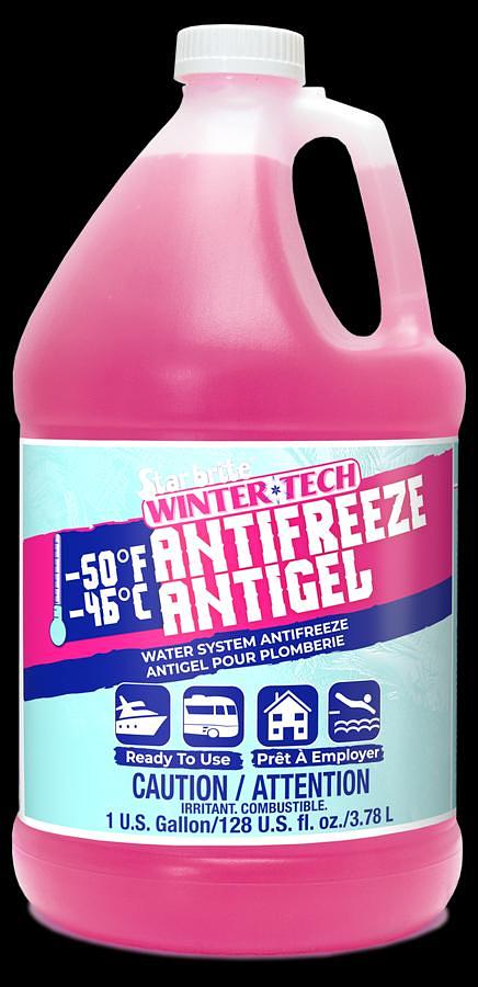 Water System Antifreeze; Winter Tech; Safe For Use In Fresh Water System And Holding Tanks, Anti-Gel, Burst Protection To -50 Degrees Fahrenheit, Propylene Glycol And Alcohol Formula, Pink, 1 Gallon Jug. 