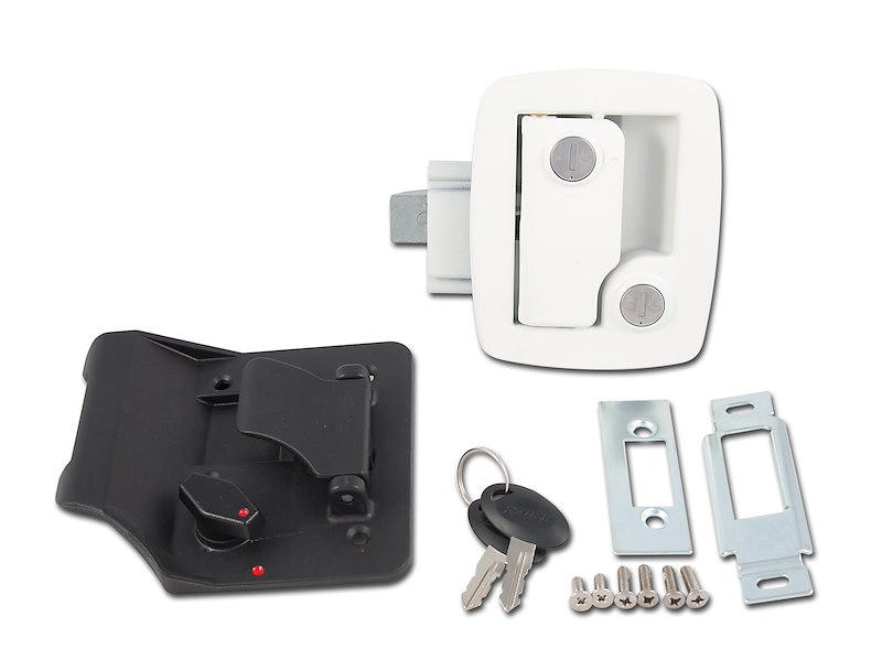 Entry Door Handle, Paddle Style Bauer . Fits 2-3/4 Inch x 3-3/4 Inch Cut Out; White Exterior Handle. Black Interior Handle, W/ 2 Keys & Mounting Hardware