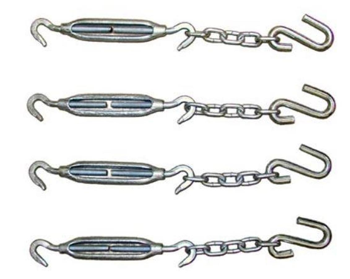 Turnbuckle; Use With Camper Tie Down; With 4 Standard Hook and Hook Style 3/8 Inch Thread Diameter Turnbuckle/ 4 S-Hooks/ 4 Chains. 3000 Pound Capacity Per Set. Set Of 4