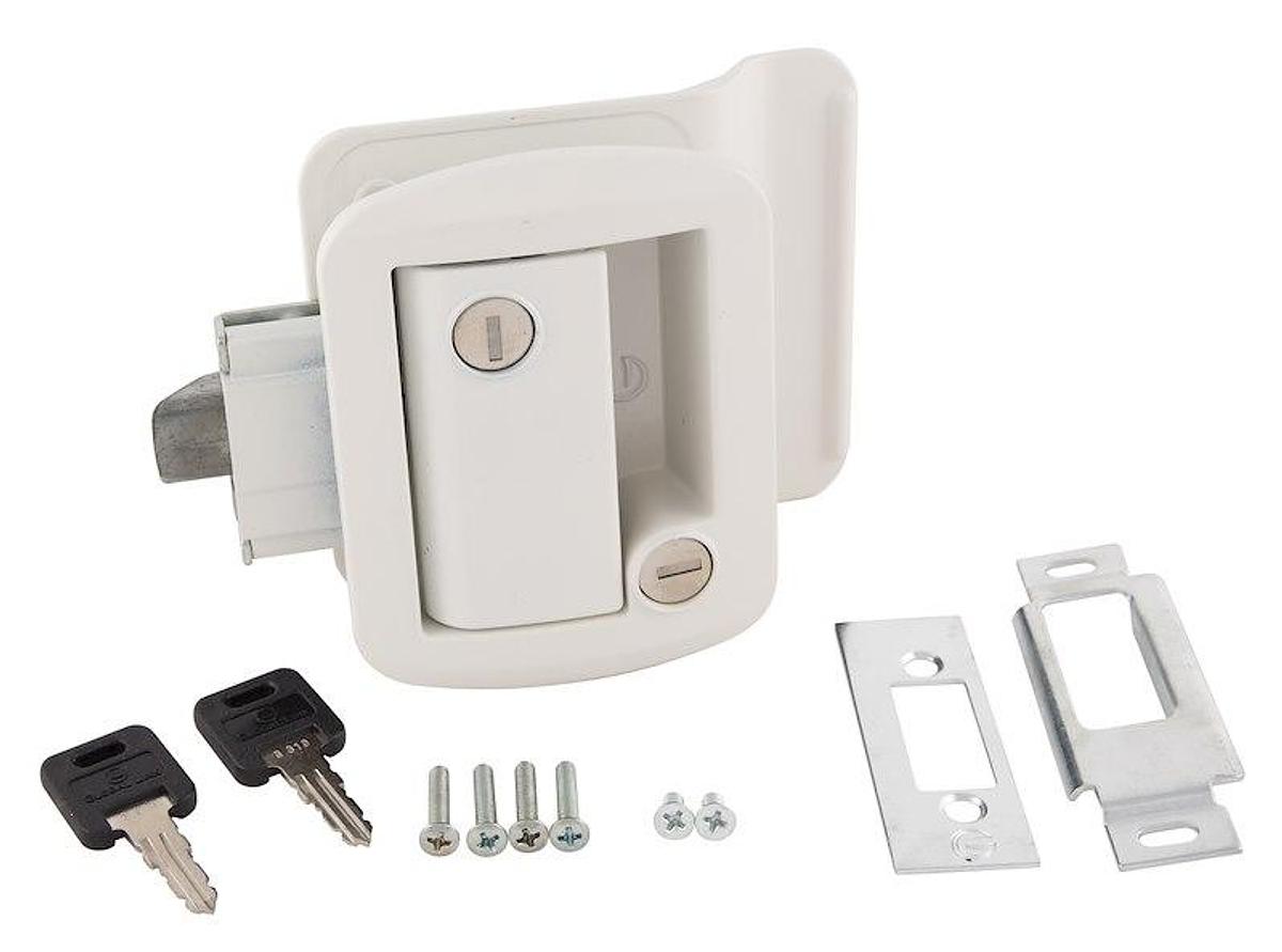 Entry Door Handle Paddle Handle For Travel Trailer. Lock W/ Cut Out Dimensions Of 2-3/4 Inch x 3-1/4 Inch Metal Base/ Plastic Handle, W/Built-In Dead Bolt Latch & Keys