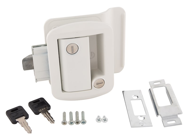 Entry Door Handle Paddle Handle For Travel Trailer. Lock W/ Cut Out Dimensions Of 2-3/4 Inch x 3-1/4 Inch Metal Base/ Plastic Handle, W/Built-In Dead Bolt Latch & Keys